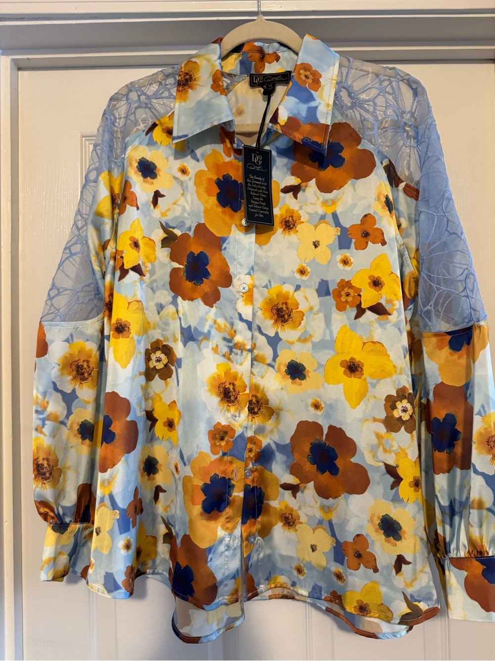 DG2 Light Blue Floral Satin Button-Down Shirt with Lace Sleeves